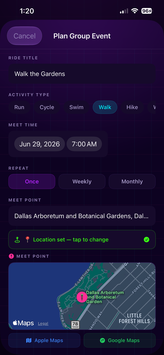 ZombieUP plan group event screen