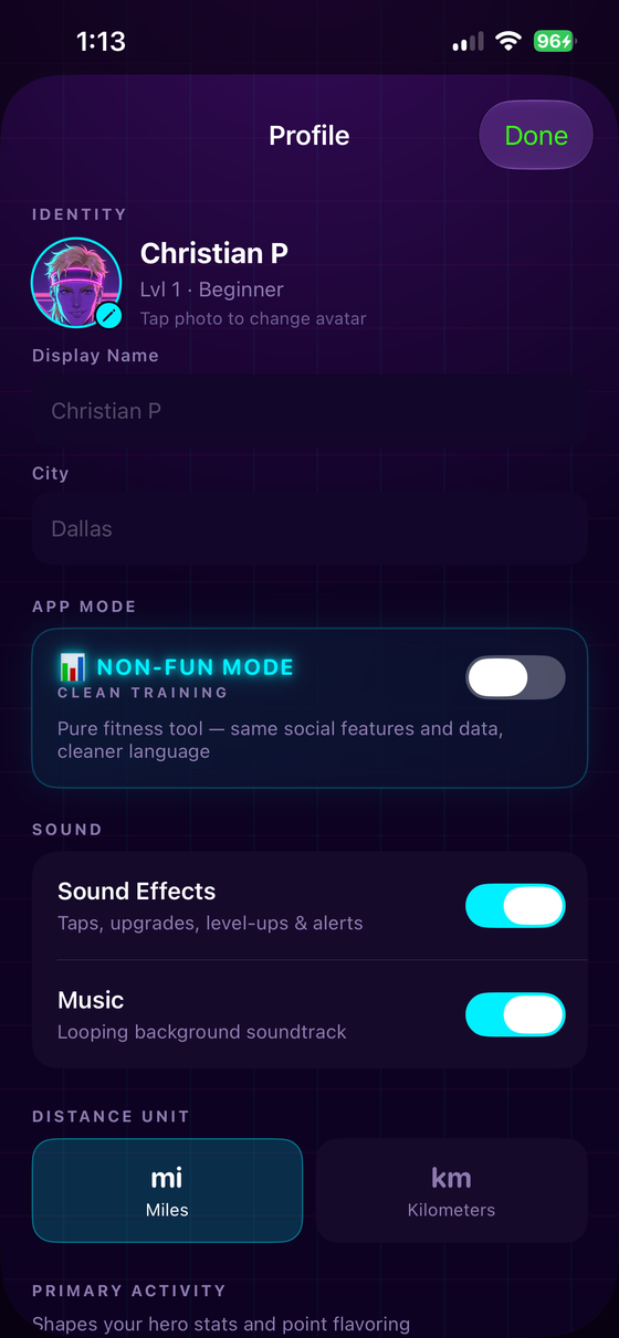 ZombieUP profile with fun mode toggle